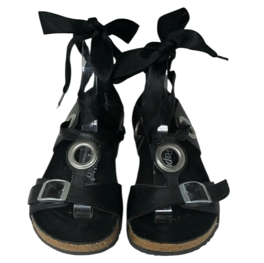 Papillio Birkenstock Black Emmy Leather Ankle Tie Strap Wedge Sandals Size 37‎